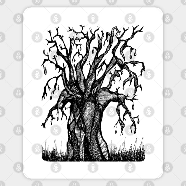 Black and White Baobab Artistic Line Drawing Sticker by Tony Cisse Art Originals